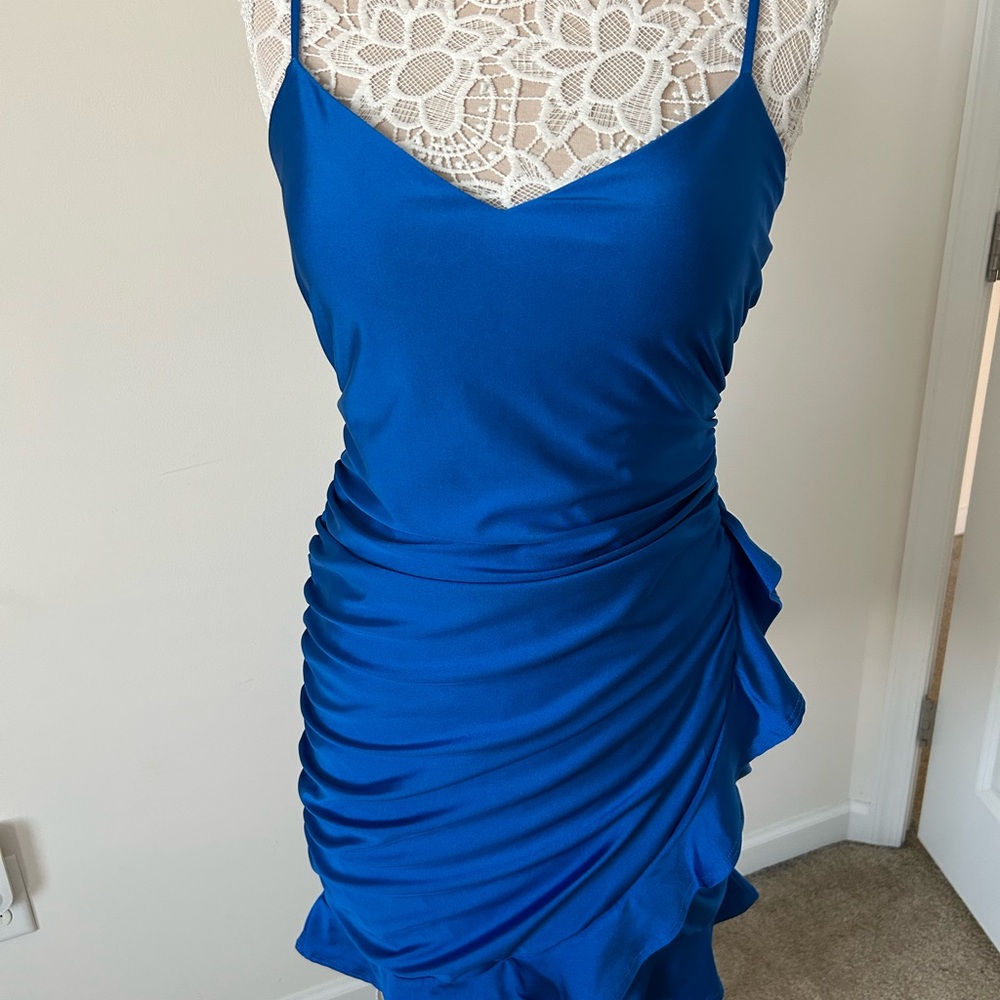 Darling Blue Asymmetrical Ruched Mini Dress